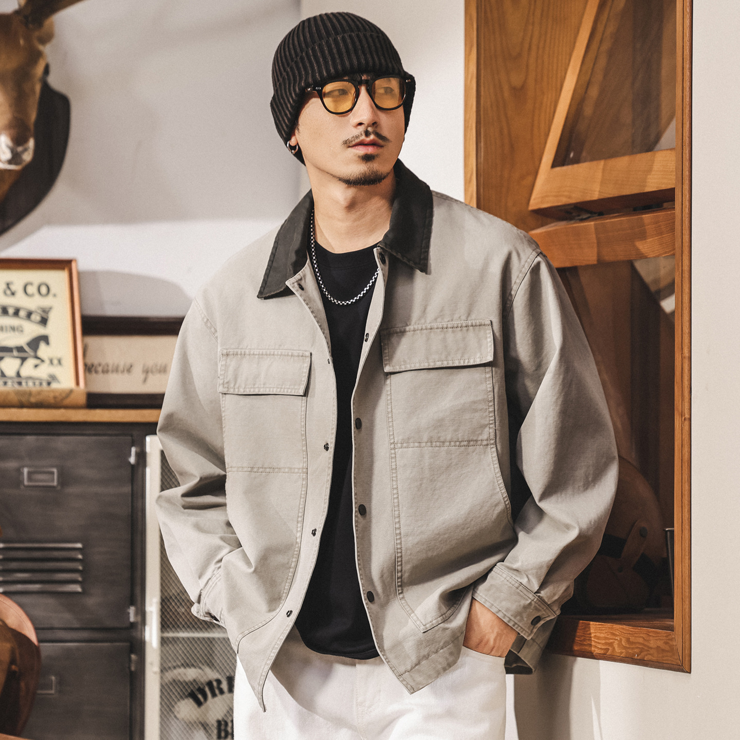 美式復古重磅工裝外套男春秋寬鬆潮牌男士硬漢休閒秋季教練夾克潮