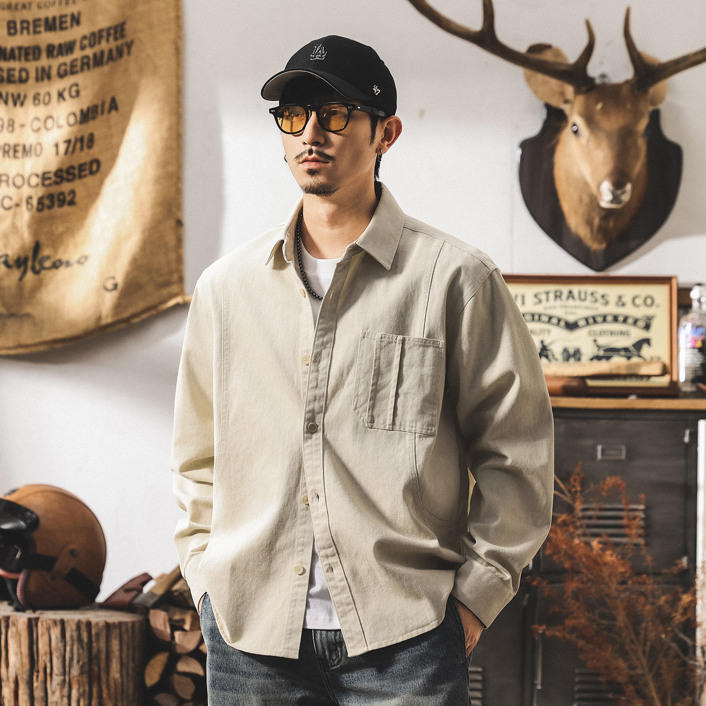 美式復古工裝襯衫男長袖秋季潮牌寬鬆休閒外套男春秋男裝襯衣