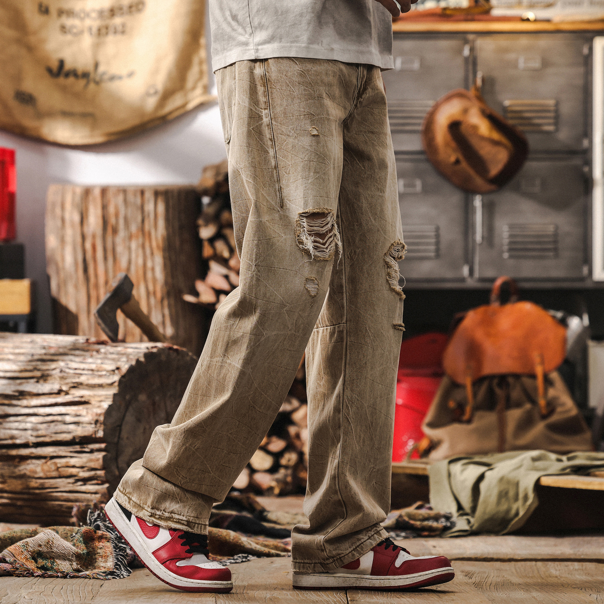 美式復古扎花水洗薄款牛仔褲男春夏季寬鬆直筒潮牌乞丐破洞長褲子