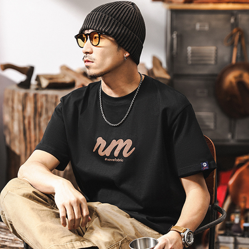 32支雙紗短袖男T恤夏季美式復古寬鬆潮牌字母印花休閒上衣男純棉T