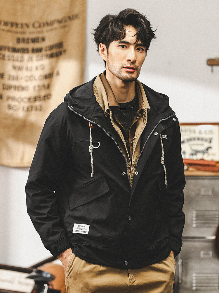 美式複古工裝夾克男春秋款潮牌軍綠色寬松上衣戶外防風連帽外套男