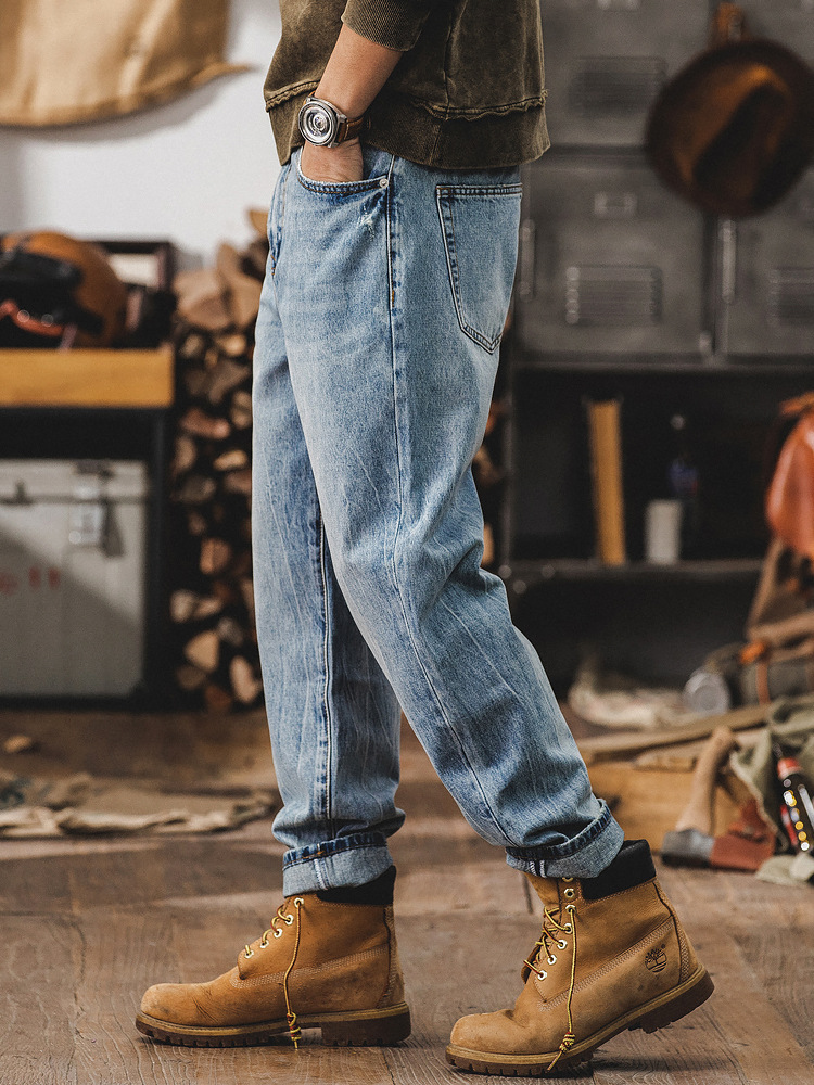美式經典淺藍色直筒牛仔褲男春季2024新款復古磨白扎花水洗休閒褲