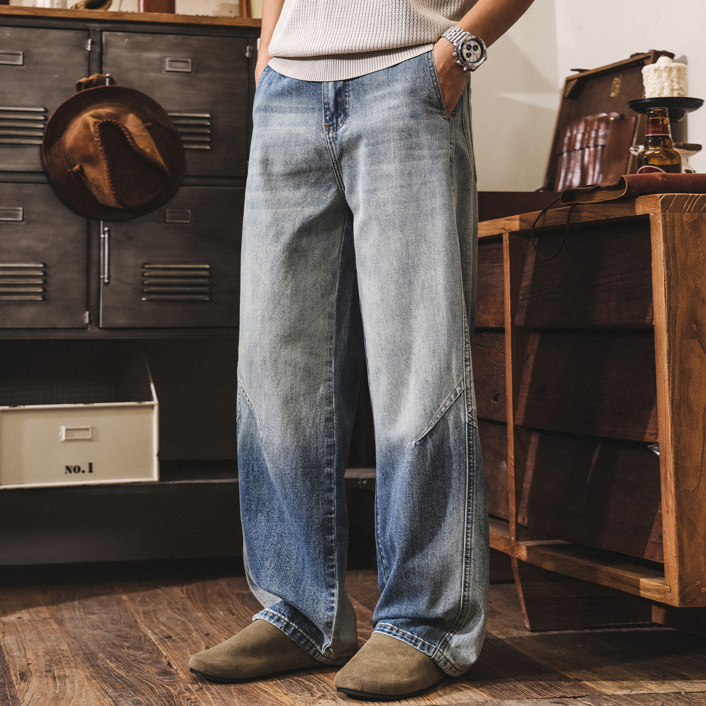 美式復古闊腿彎刀褲潮流直筒牛仔褲男春季新款男士褲子寬鬆休閒褲