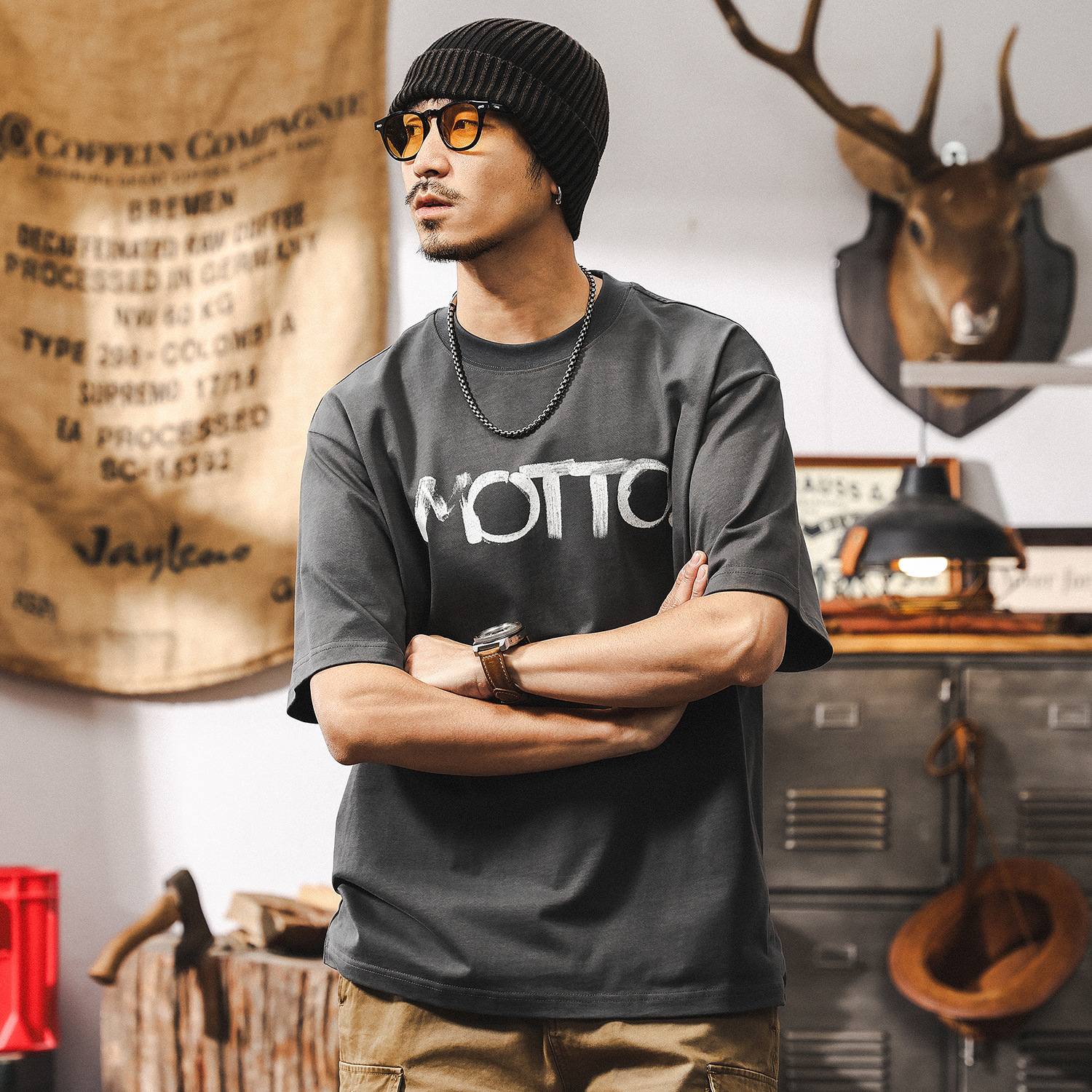 美式復古300g重磅T恤男夏季短袖2025新款潮流印花寬鬆上衣男T男裝