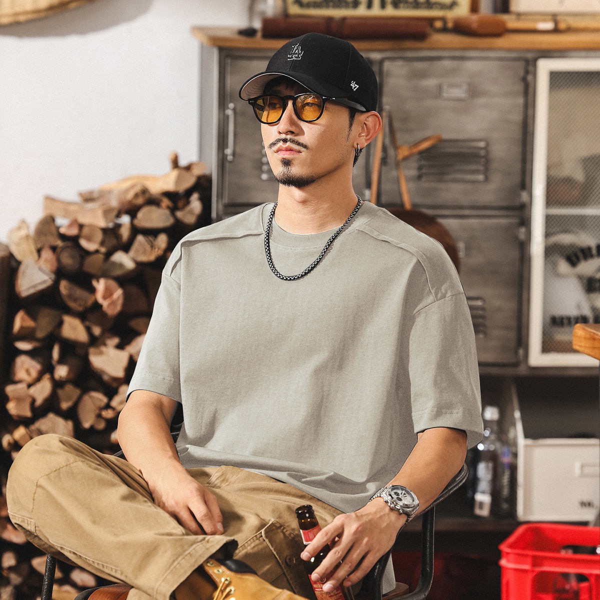 美式復古夏季涼感T恤男短袖重磅痞帥設計感拼接潮流寬鬆上衣