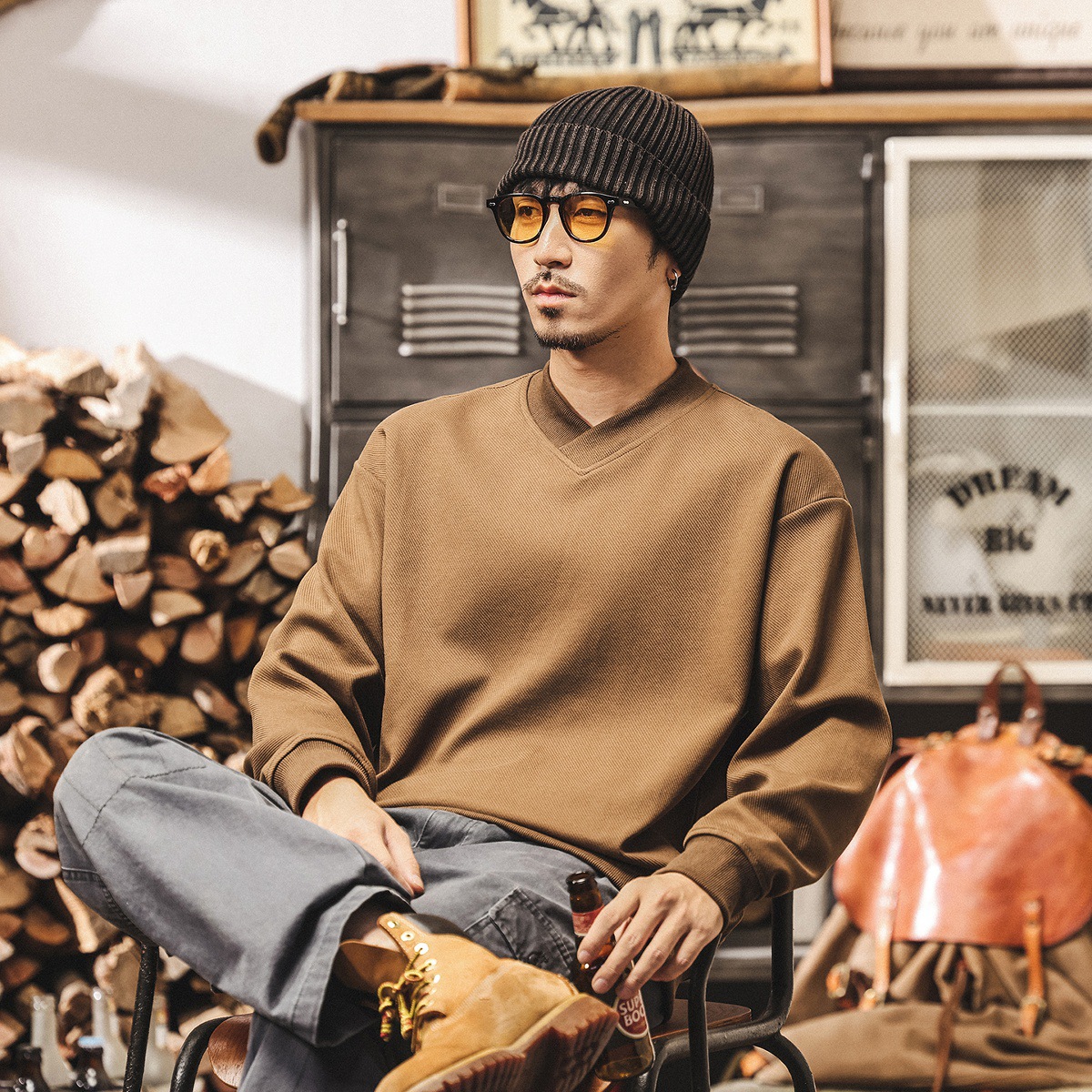 美式重磅復古極簡V領衛衣男春秋潮牌2025新款內搭寬鬆休閒上衣男