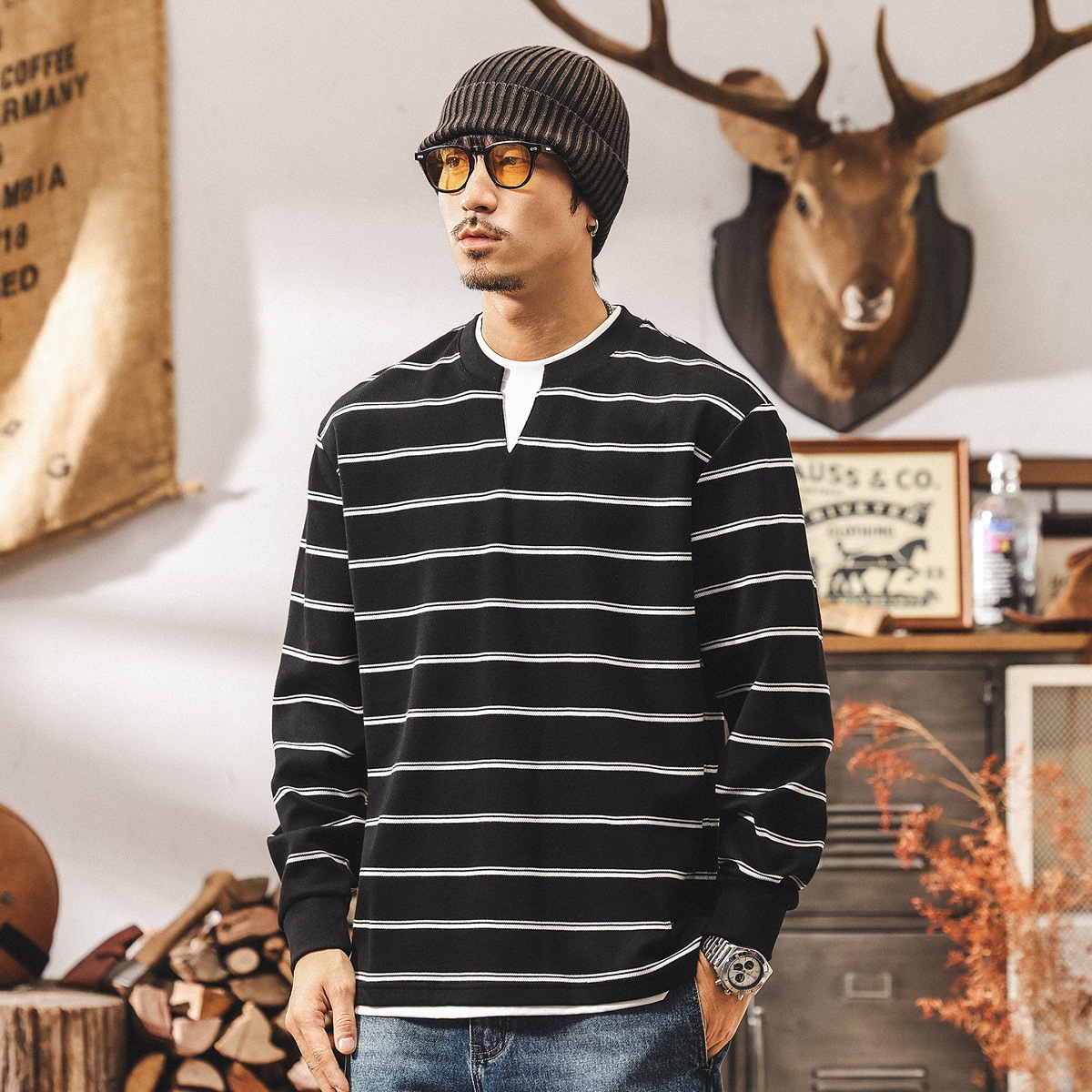 美式復古假兩件條紋衛衣男款春秋寬鬆潮牌280g重磅新款長袖上衣男