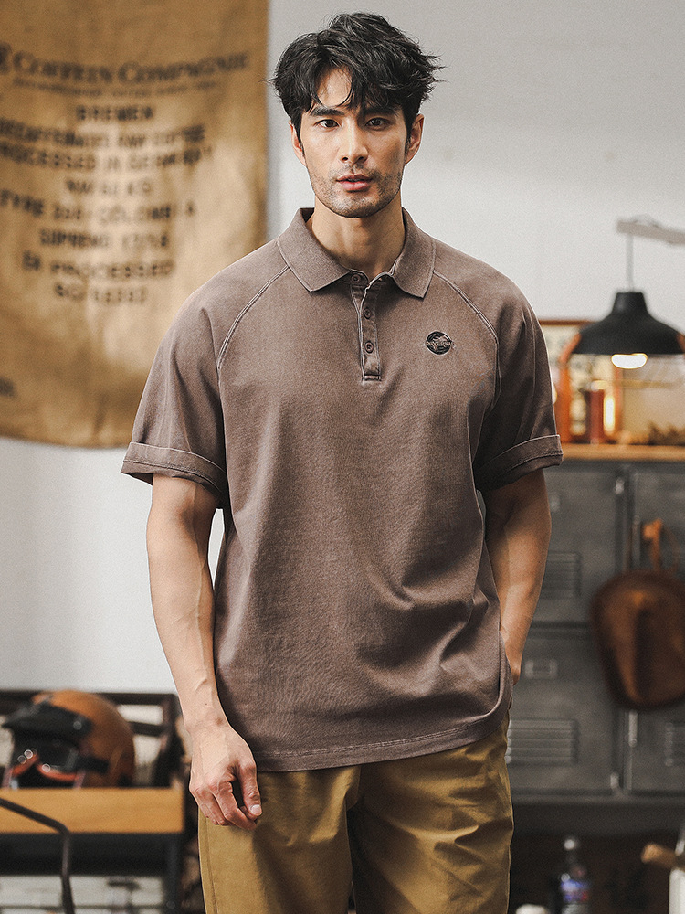 美式復古重磅T恤男式短袖夏季做舊古著上衣寬鬆休閒Polo衫男