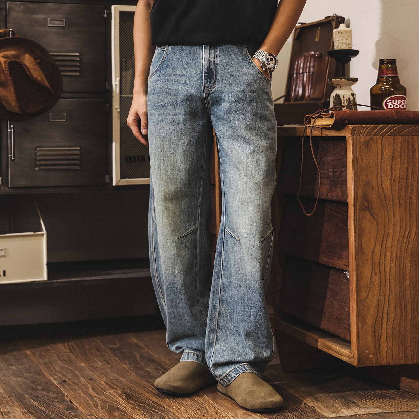 美式復古水洗彎刀牛仔褲男款直筒春季潮牌2026新款寬鬆休閒長褲男