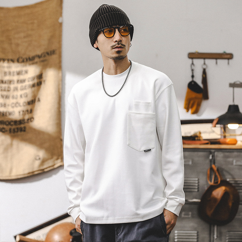 美式重磅長袖T恤男秋季潮牌雙口袋設計體恤男款百搭寬松白色上衣T