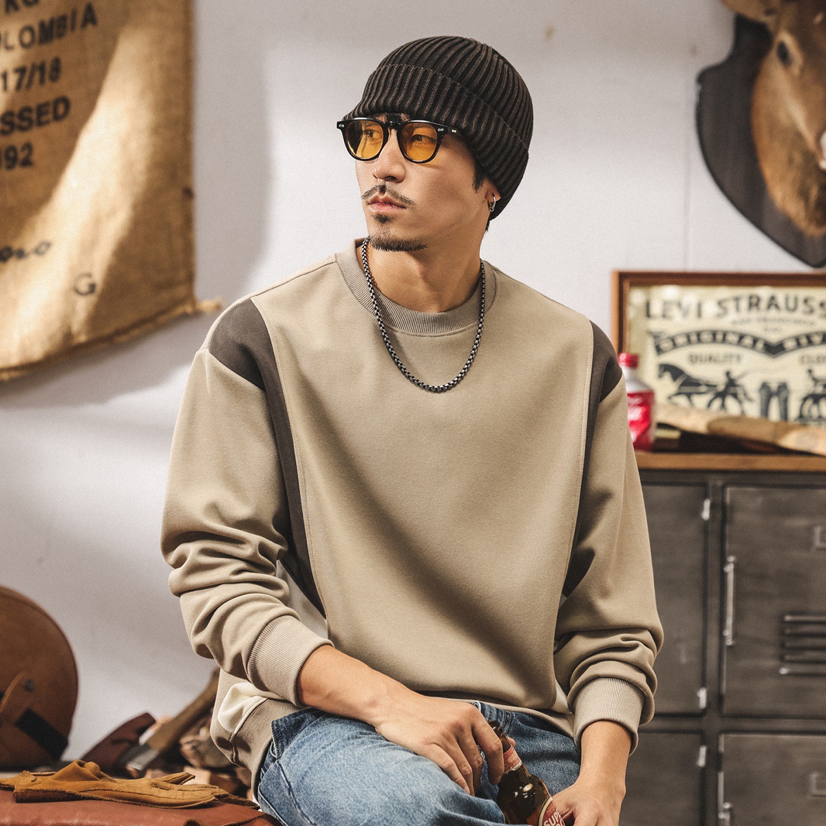 美式復古重磅男士衛衣2025新款春秋圓領寬鬆大碼男裝秋季拼色上衣