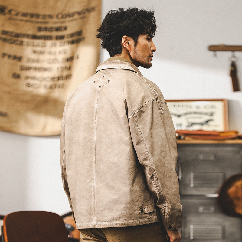 美式經典重磅翻領夾克男春秋潮牌複古做舊髒洗休閑工裝外套男