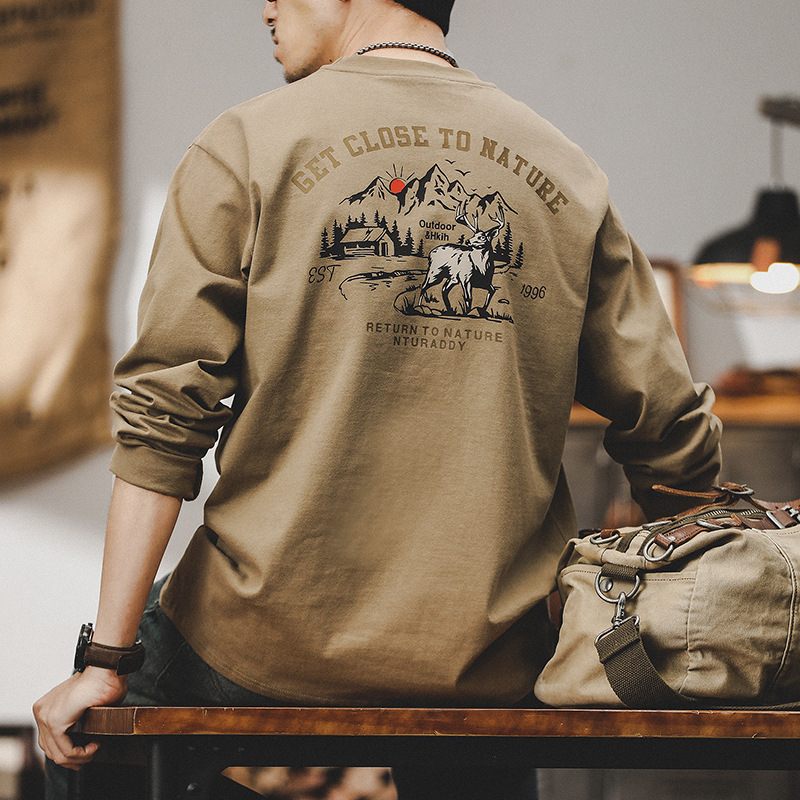 美式重磅T恤男長袖春季2024新款潮牌上衣山系印花男裝衣服男