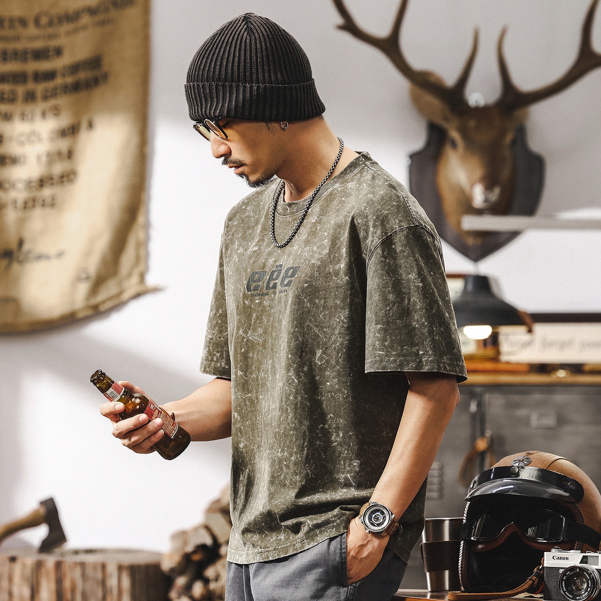 美式復古雪花做舊水洗T恤男夏季短袖2025新款潮牌寬鬆上衣男