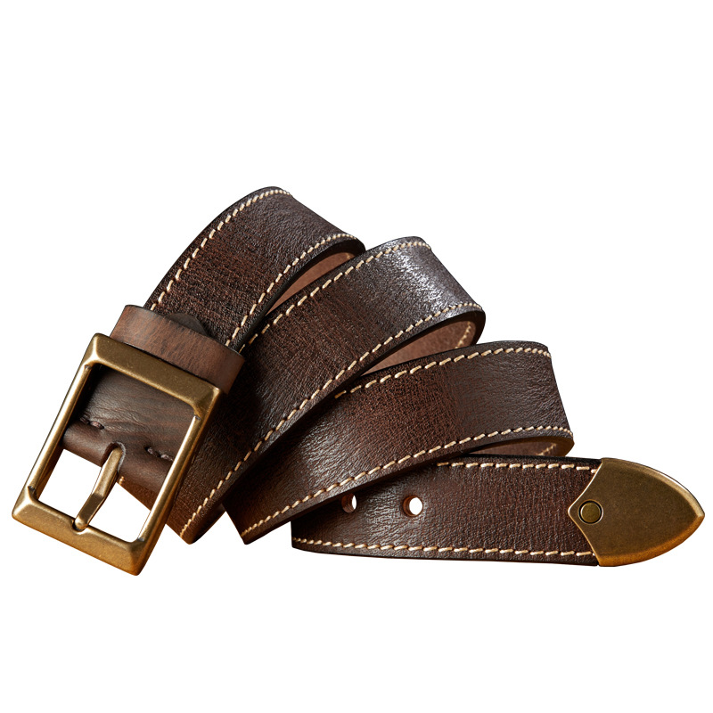 手工復古頭層牛皮針扣皮帶男士真皮個性百搭純銅扣頭牛仔褲腰帶潮