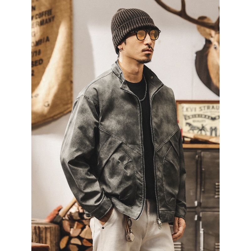 美式復古髒染潮流立領夾克男春秋2025新款寬鬆潮牌男士外套秋季潮