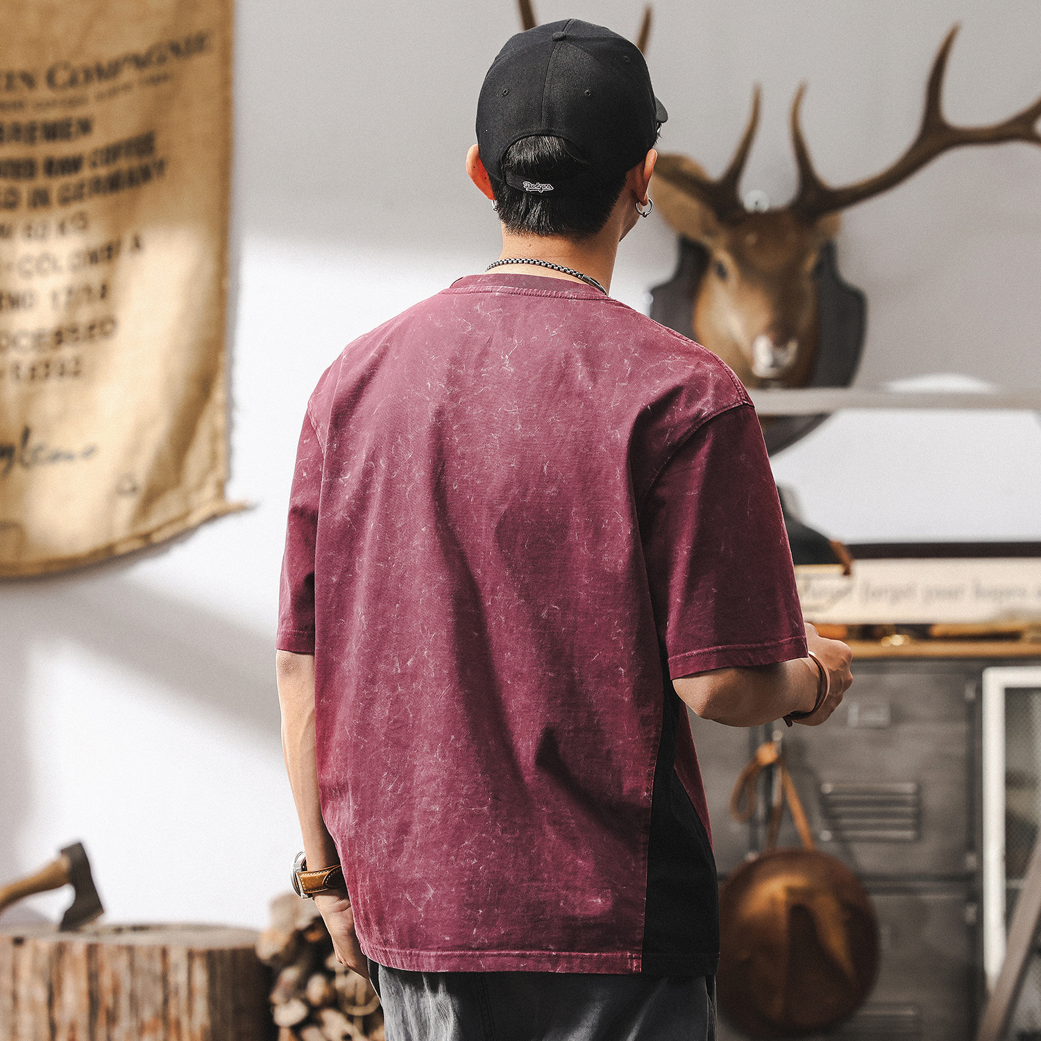 美式復古做舊水洗重磅T恤男夏季短袖2025新款潮牌酒紅色上衣