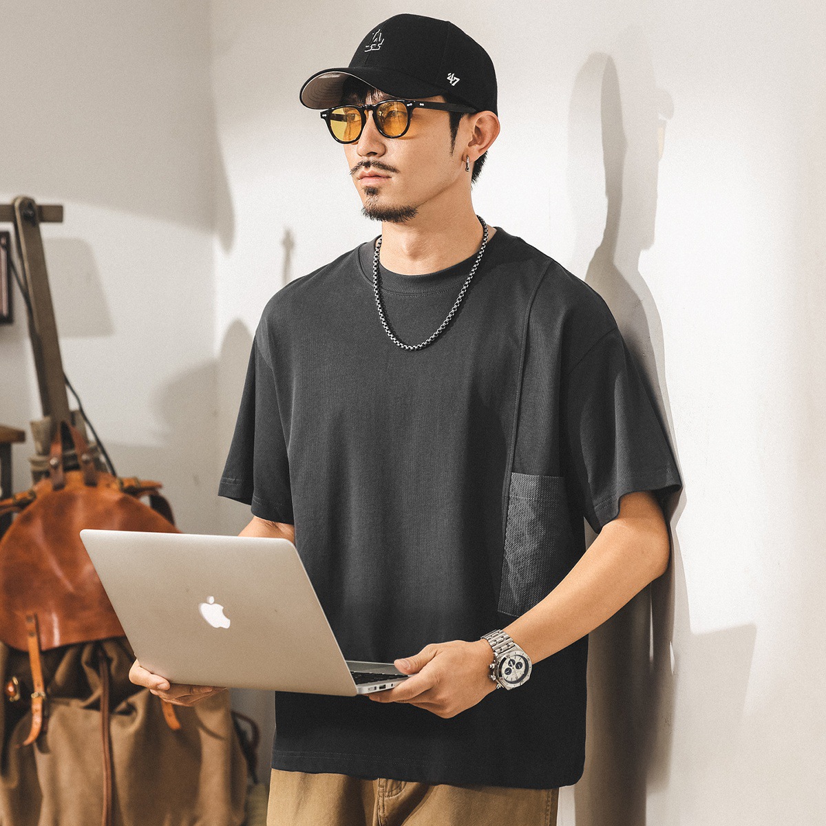 美式高級質感短袖男士T恤夏季新款潮牌拼接撞色上衣T寬鬆男裝體恤