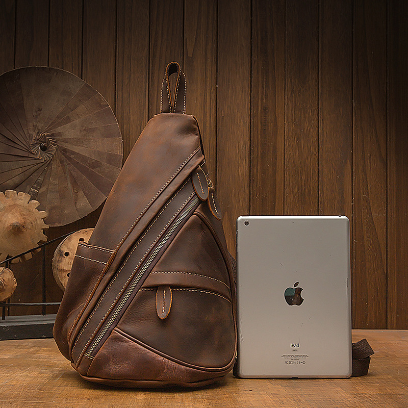 手工牛皮男士胸包潮大容量多功能斜挎包復古真皮雙肩背包休閒男包