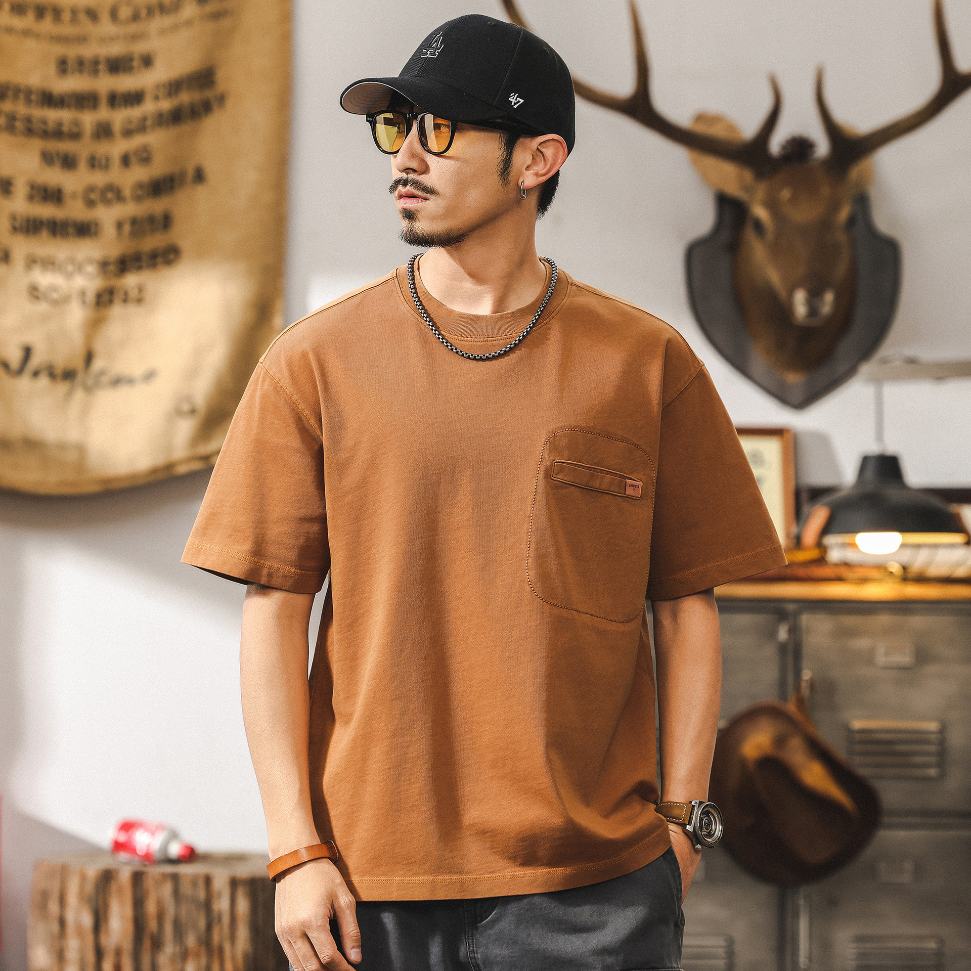 美式復古短袖T恤男士2025新款ins潮牌重磅夏季水洗寬鬆上衣男