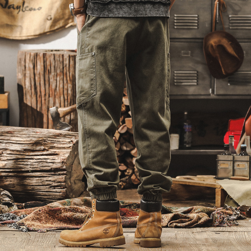 美式重磅復古軍綠色工裝褲子男秋季2024新款潮牌拼接束腳休閒長褲