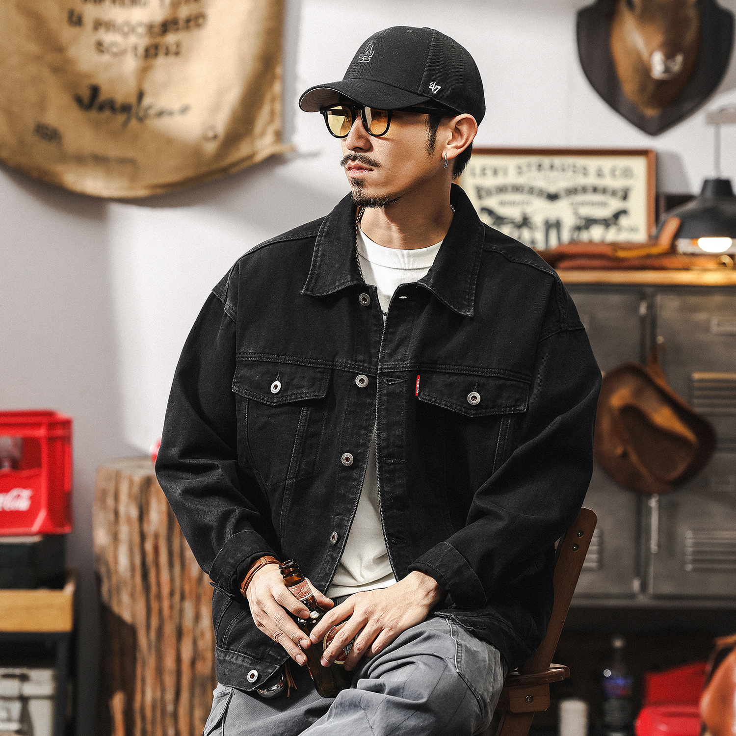 美式復古黑色牛仔外套男春秋2025新款潮牌痞帥寬鬆大碼工裝夾克潮