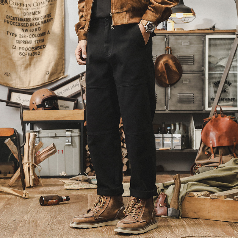 美式經典黑色工裝褲子男直筒秋季潮牌重磅寬松多口袋男士休閑長褲