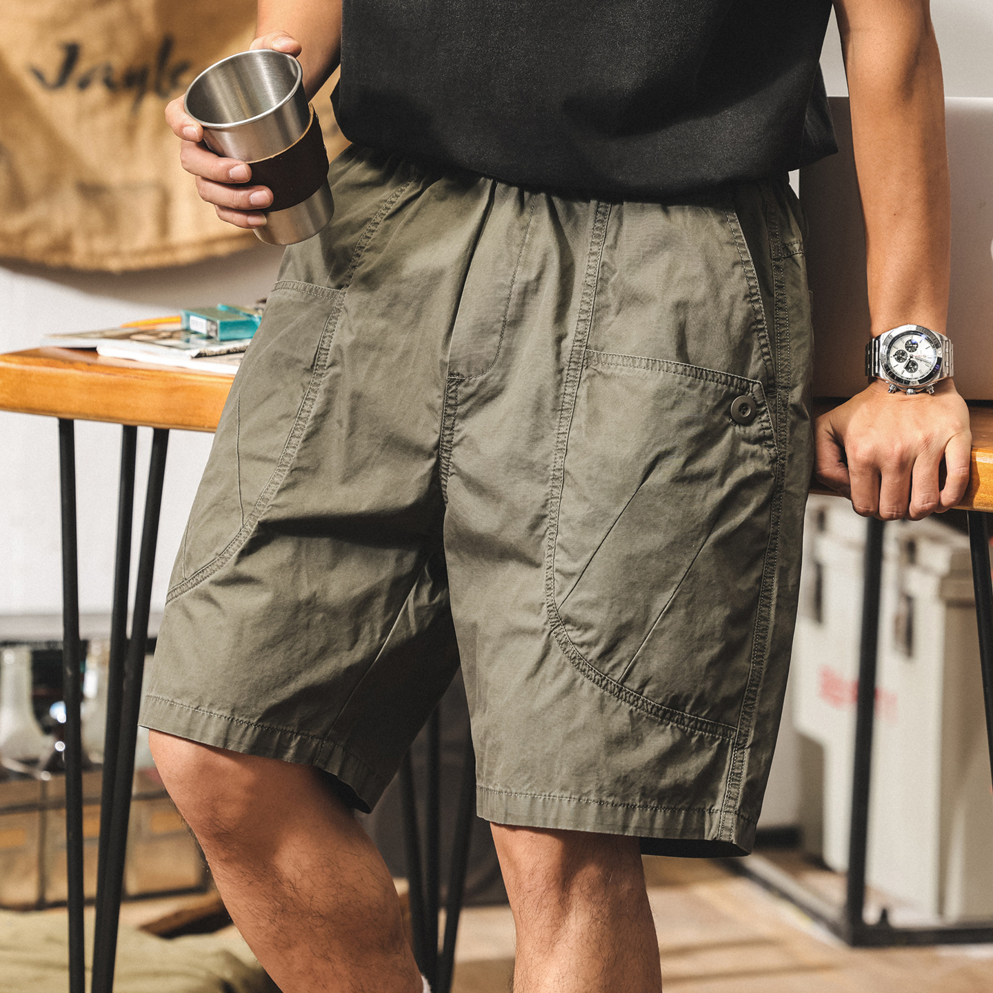 軍綠色工裝短褲男夏季新款潮牌直筒中褲寬鬆休閒美式五分褲潮