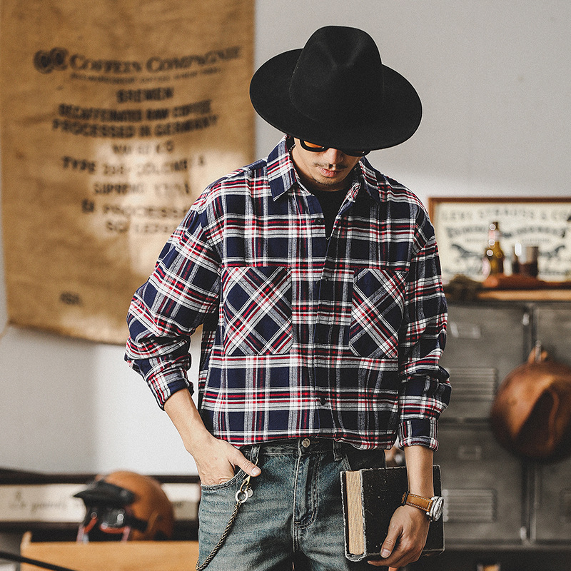 美式經典復古格子長袖襯衫男2024新款磨毛內搭英倫休閒襯衣男上衣