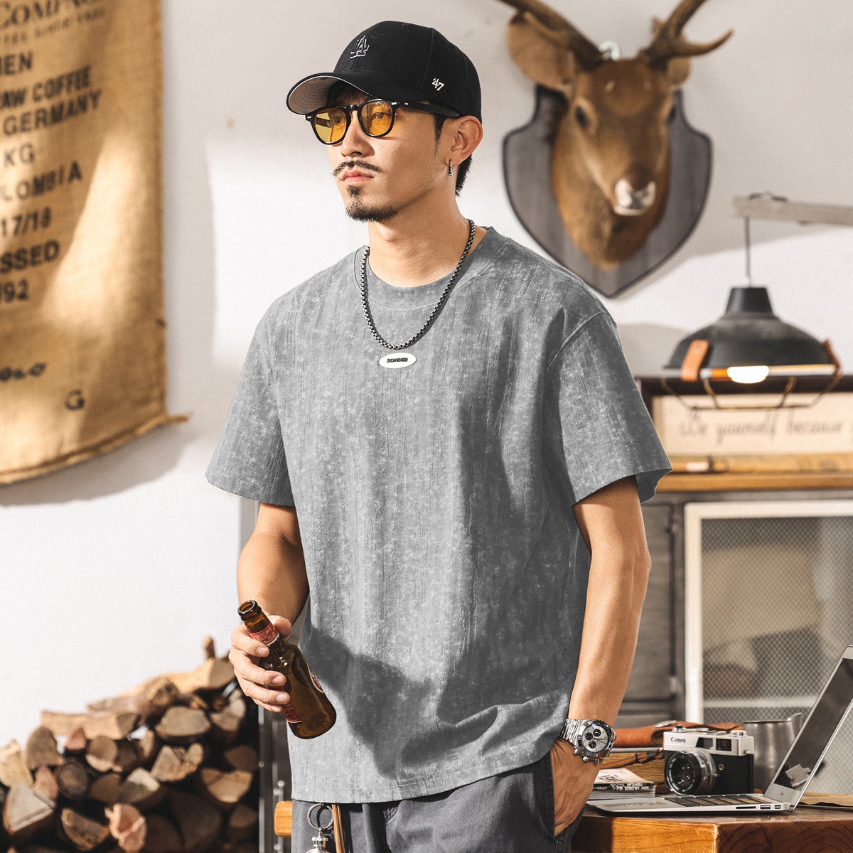 夏季新款高級感提花短袖t恤男美式潮流設計寬鬆休閒半袖男士上衣