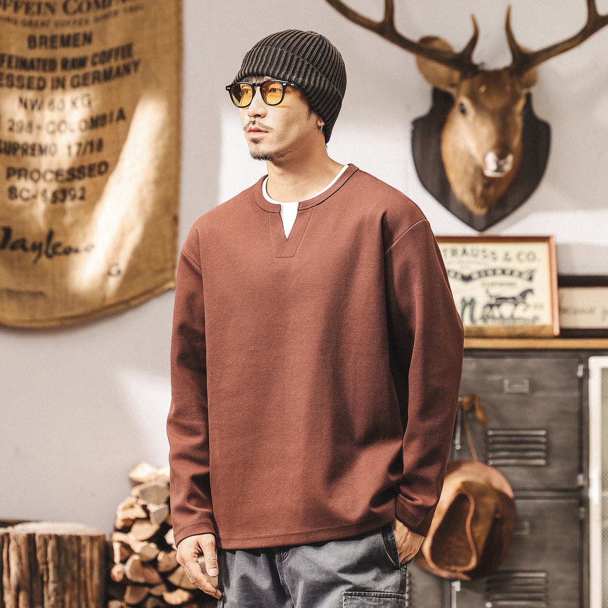 美式復古假兩件衛衣男秋季新款寬鬆大碼潮牌380g重磅T恤男士上衣