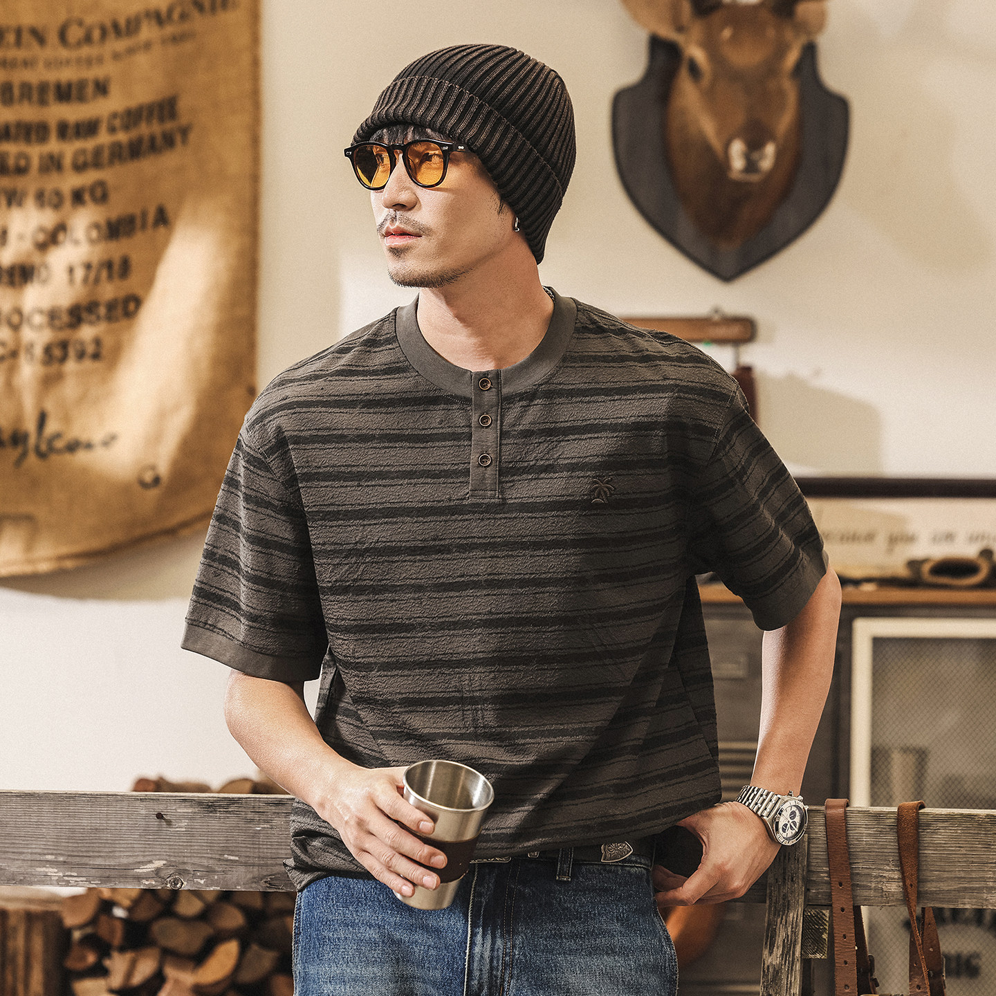 美式復古半開襟亨利領Polo衫男短袖夏季新款老錢風寬鬆條紋T恤男