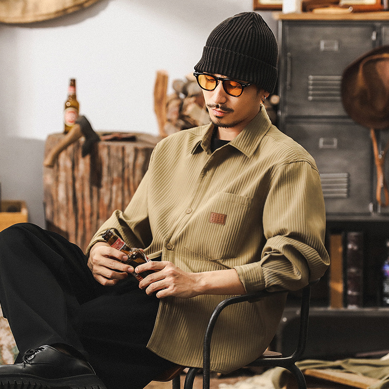 美式復古高級感條紋肌理工裝襯衫男長袖2024新款寬鬆秋季襯衣外套