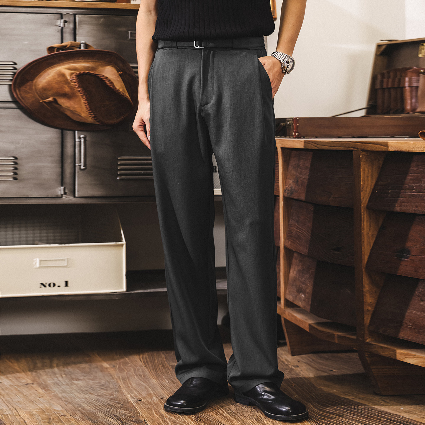 美式復古帶腰帶簡約西褲男春季潮牌通勤男士褲子寬鬆直筒休閒長褲