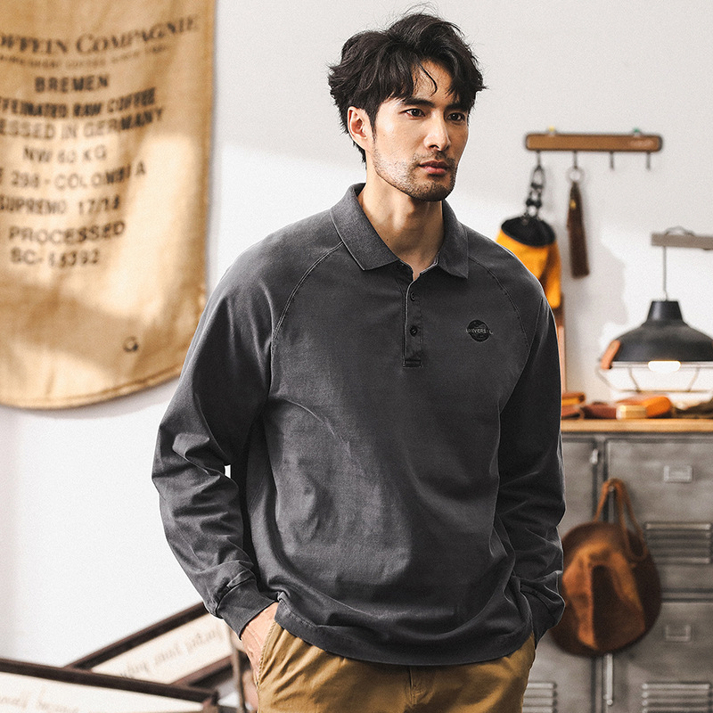 美式復古水洗T恤男秋季2024新款重磅衛衣寬鬆潮牌長袖POLO衫