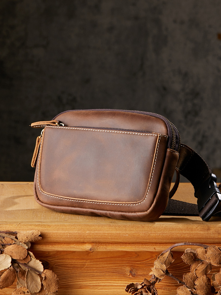 手工休閒男士胸包復古牛皮戶外運動真皮腰包時尚個性瘋馬皮斜挎包