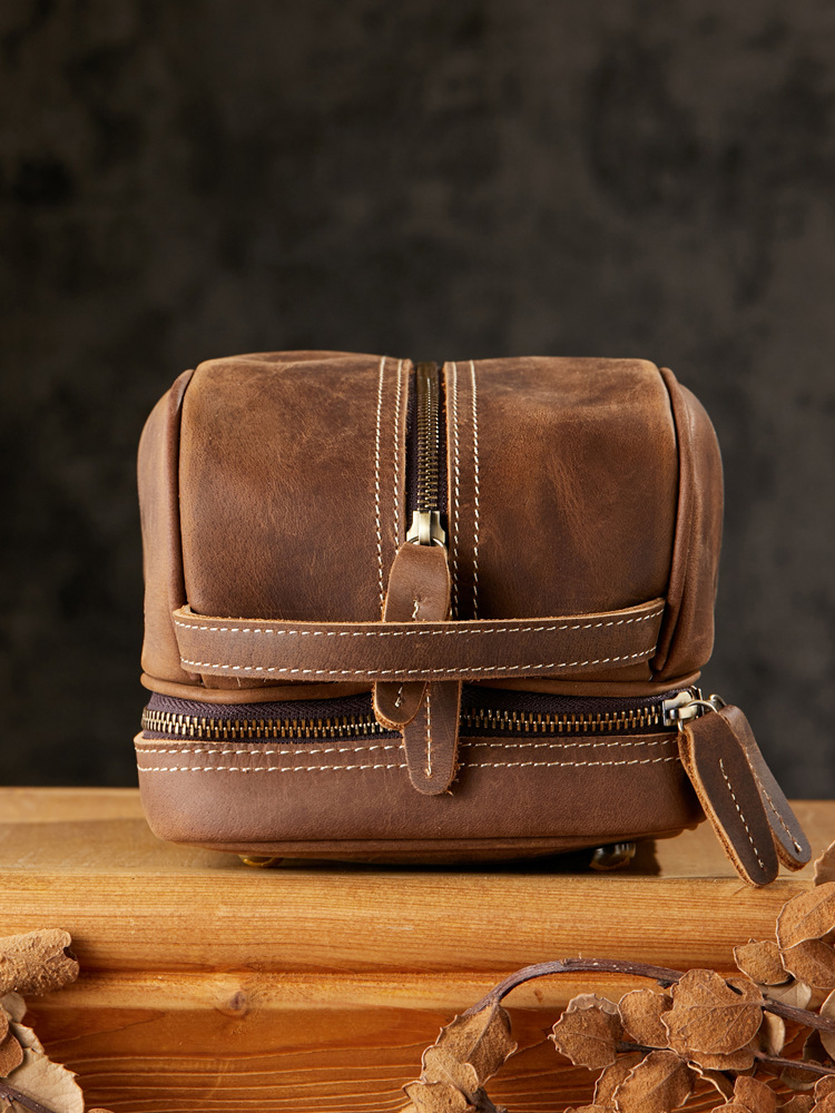 手工瘋馬皮多功能洗漱包男真皮出差旅行收納包大容量時尚化妝包女