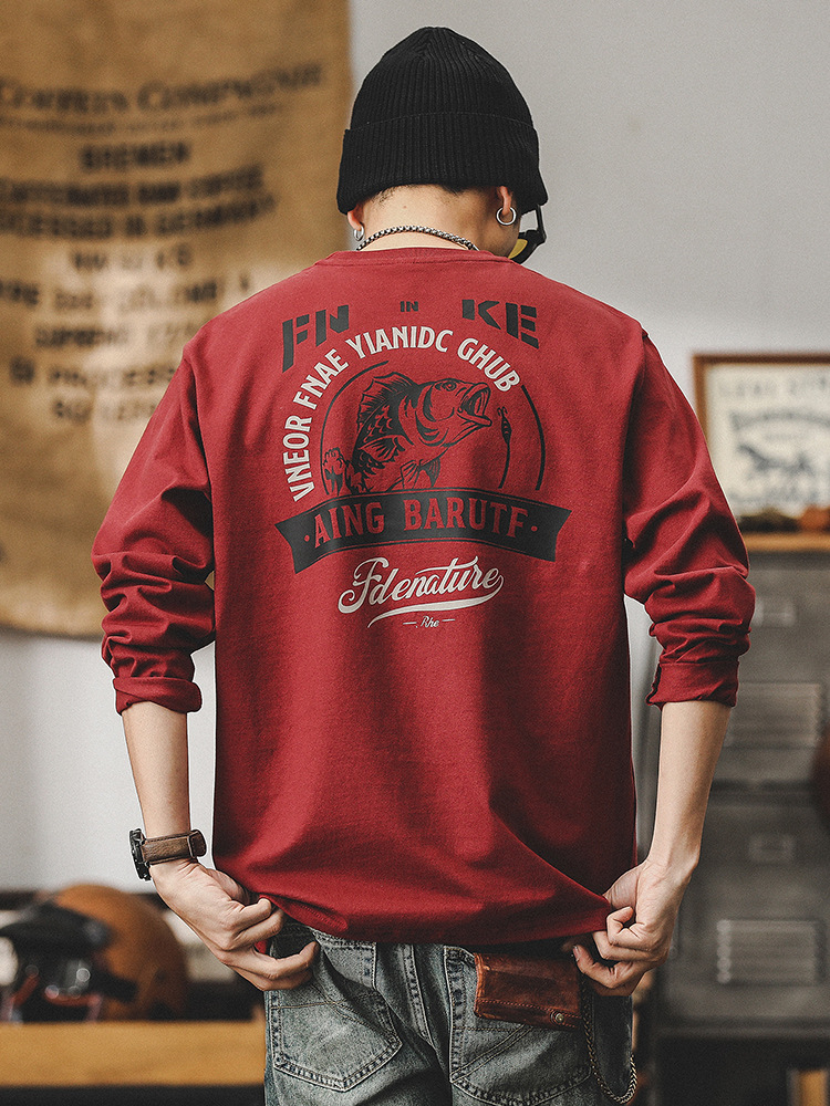 美式260g重磅長袖T恤男春季2024新款寬鬆上衣潮牌紅色衣服男