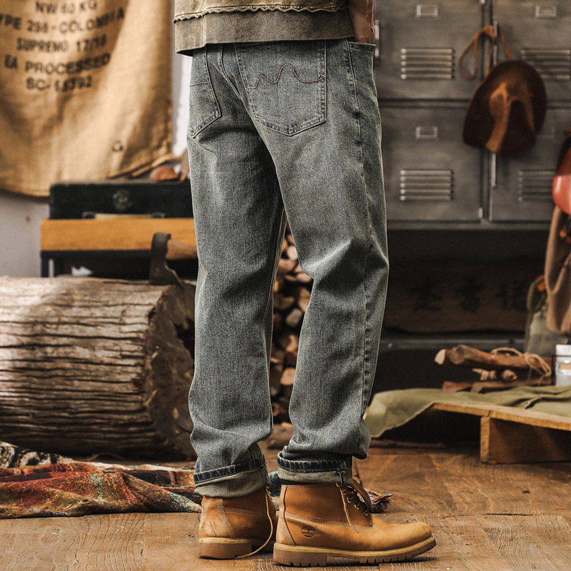 美式復古直筒牛仔褲男款秋季潮牌黃泥水洗加絨男士寬鬆休閒長褲子