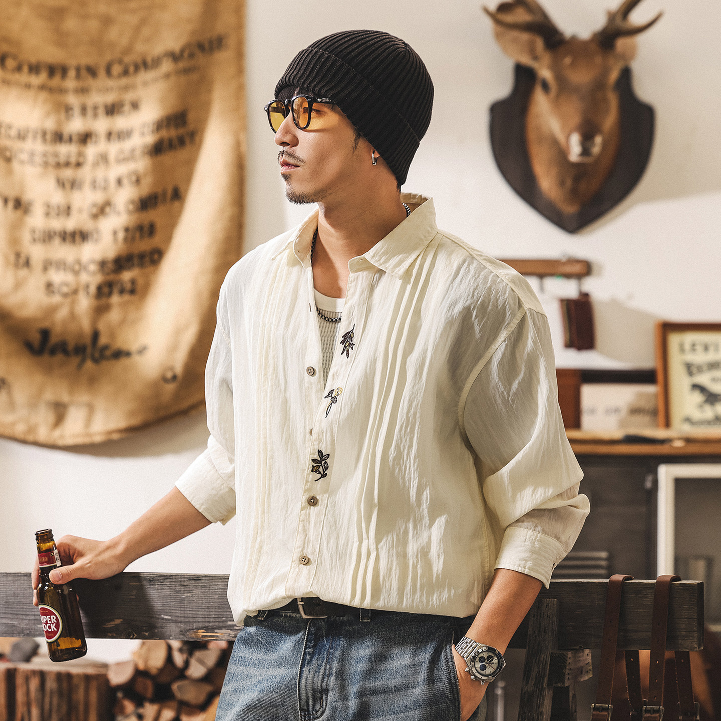 新中式國風刺繡萊賽爾天絲襯衫男春季薄款透氣寬鬆休閒長袖襯衣男