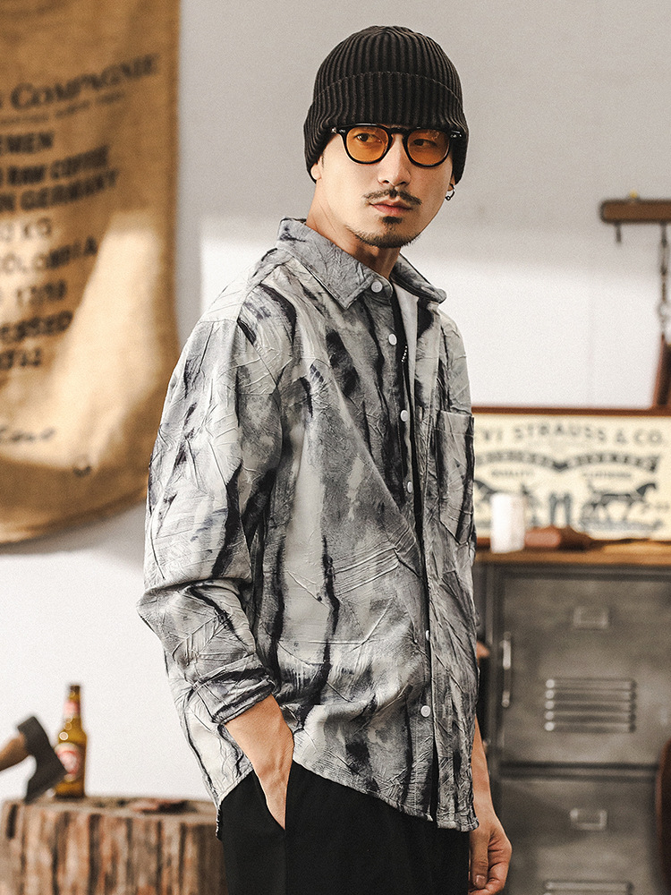 國風扎染印花長袖襯衫男春季2025新款潮流高級感寬鬆休閒襯衣外套