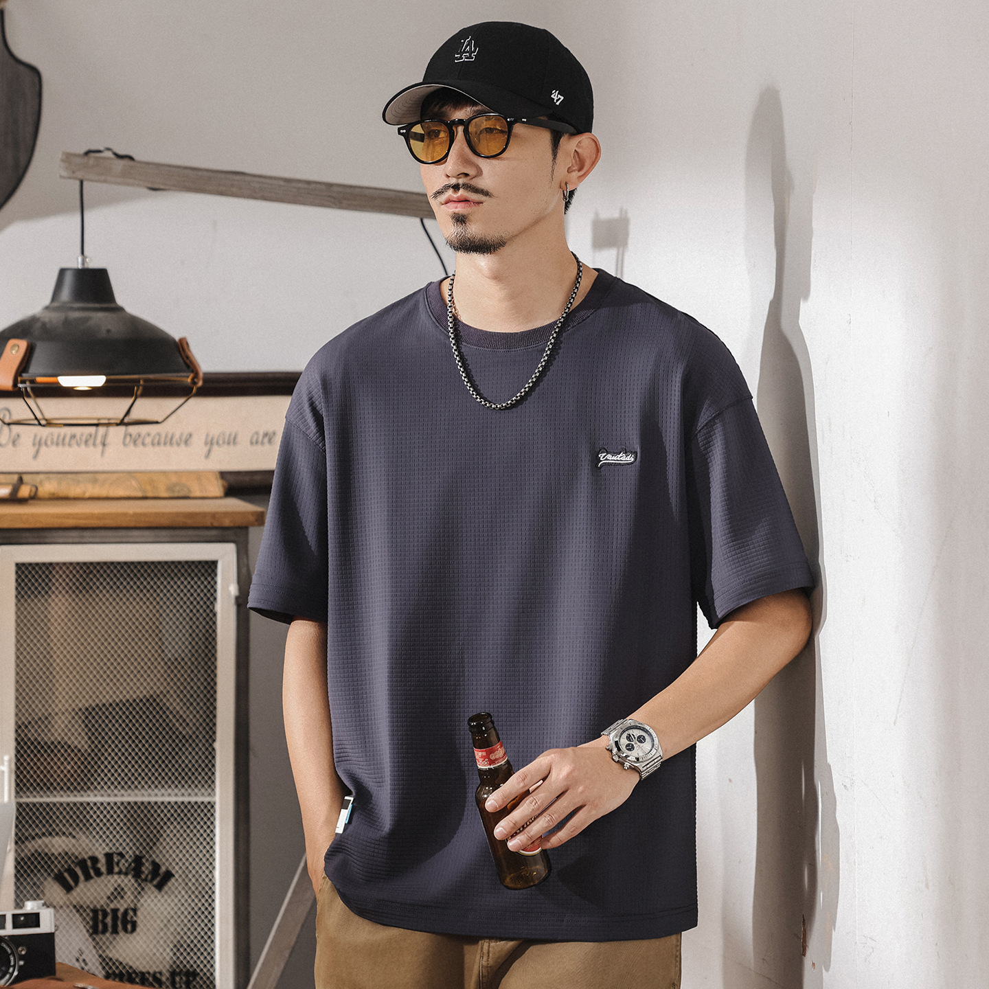 薄款軟糯冰絲T恤男士短袖夏季新款華夫格速幹寬鬆大碼美式體恤潮