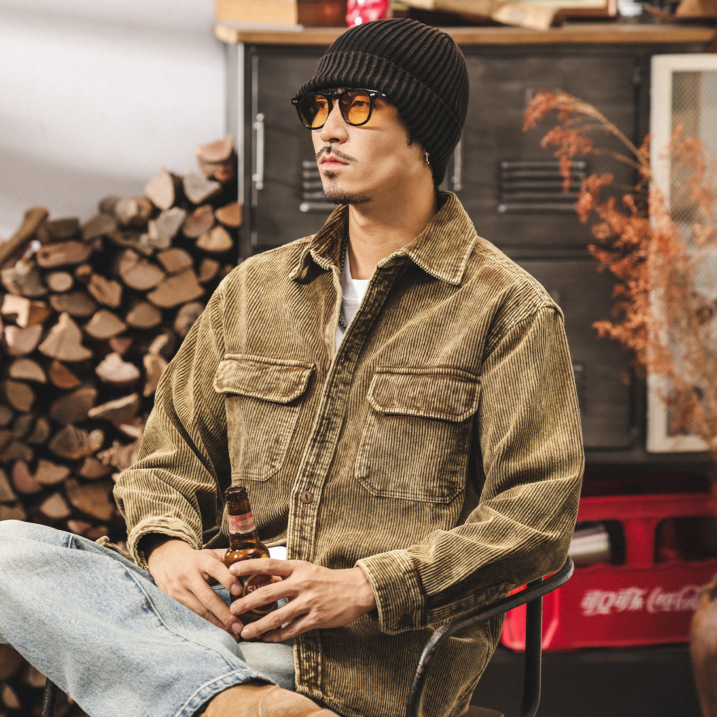 美式復古工裝襯衫男長袖春秋潮牌襯衣男寬鬆老錢風燈芯絨夾克外套