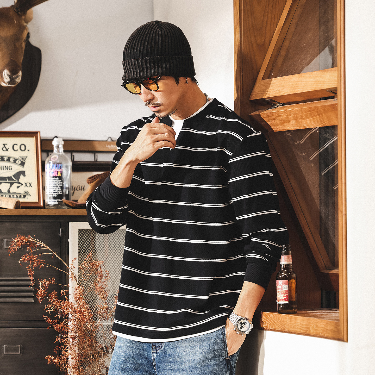 美式復古重磅條紋假兩件衛衣男秋季2025新款潮牌寬鬆休閒長袖上衣