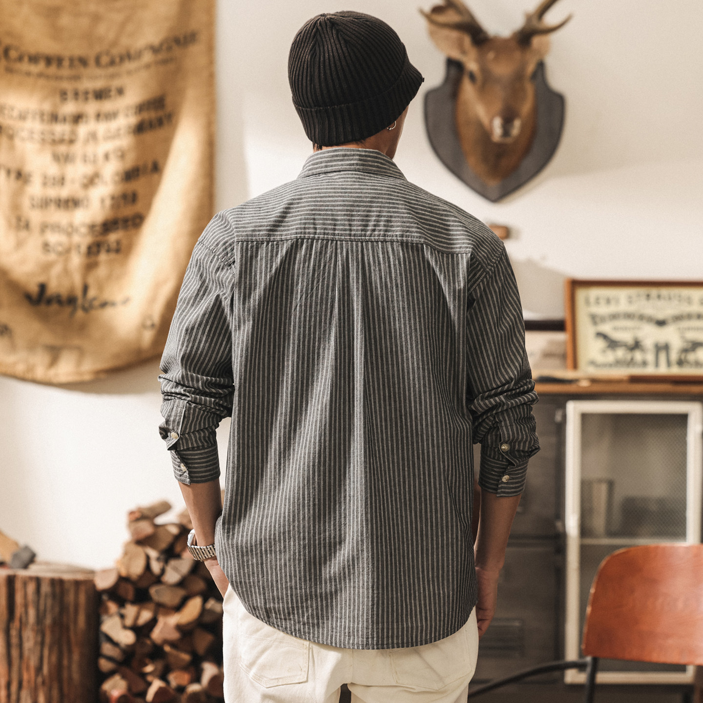 美式復古亞麻透氣條紋男士襯衫春季2026新款長袖工裝襯衣薄款外套