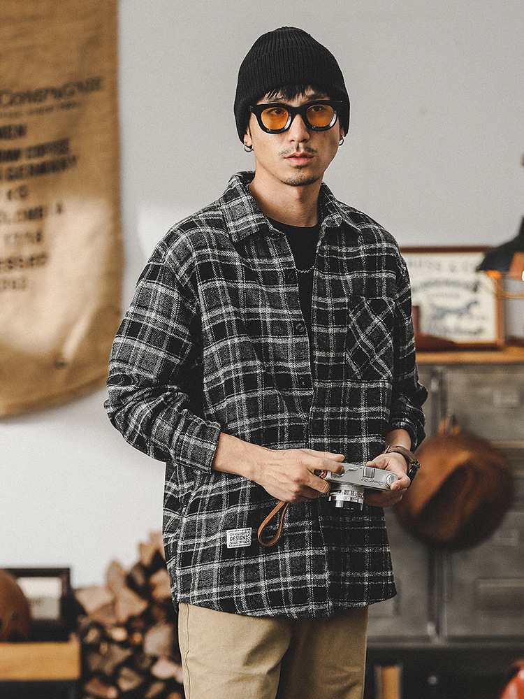 春季新款重磅色織格紋襯衫男長袖美式重磅復古2024新款春秋外套男