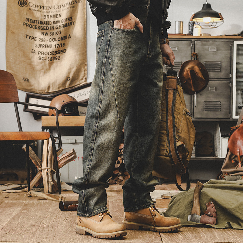 傑雷諾美式複古黃泥牛仔褲男款直筒潮牌百搭寬松水洗褲子男春秋款