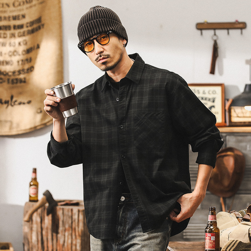 美式復古格子襯衫男長袖秋季潮牌高級感痞帥襯衣男士寬鬆上衣外套