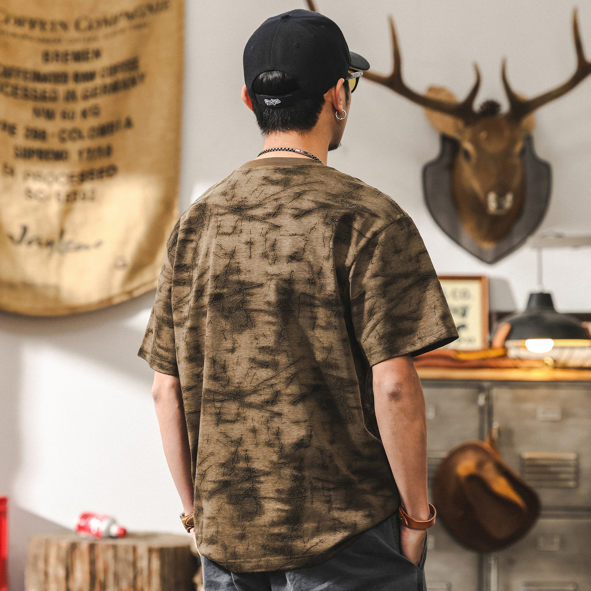 不規則植絨滿印T恤男夏季薄款短袖2025新款潮流美式復古體恤上衣T