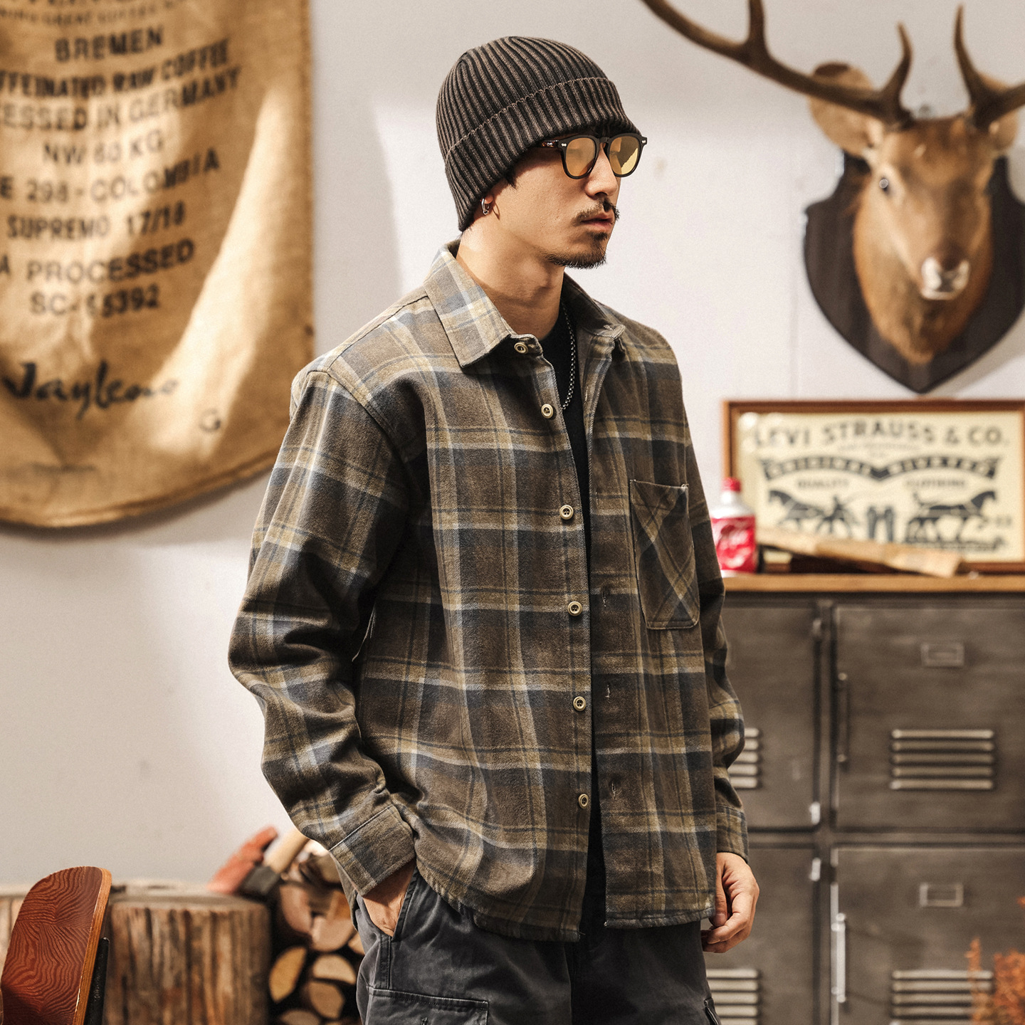 7X7斜紋萊賽爾格子襯衫男長袖秋季2025新款美式復古寬鬆襯衣外套